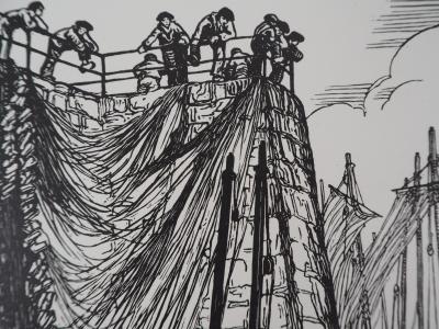 Henry CHEFFER : Bretagne, Au port de Douarnenez - 1920 - Bois gravé original signé 2
