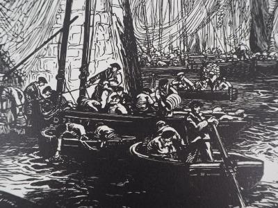Henry CHEFFER : Bretagne, Au port de Douarnenez - 1920 - Bois gravé original signé 2