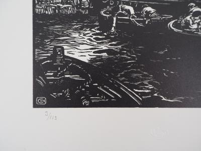 Henry CHEFFER : Bretagne, Au port de Douarnenez - 1920 - Bois gravé original signé 2