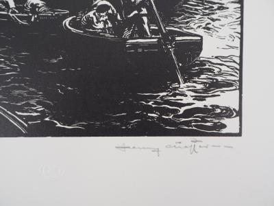 Henry CHEFFER : Bretagne, Au port de Douarnenez - 1920 - Bois gravé original signé 2