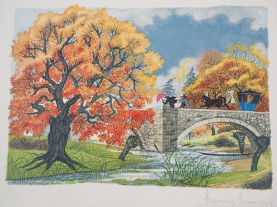 Henri LEMARIE : Passage d’une calèche un automne - Gravure originale signée 2