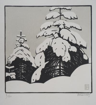 Philippe BURNOT : La neige - 1929 - Bois gravé original signé 2