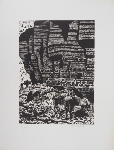 Yvonne JEAN-HAFFEN : Bretagne, Falaises - 1929 - Bois gravé original signé 2