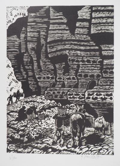 Yvonne JEAN-HAFFEN : Bretagne, Falaises - 1929 - Bois gravé original signé 2