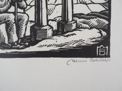 Henri BACHER : Alsace, la chapelle - 1929 - Bois gravé original signé 2