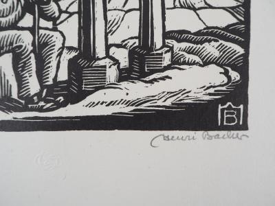 Henri BACHER : Alsace, la chapelle - 1929 - Bois gravé original signé 2