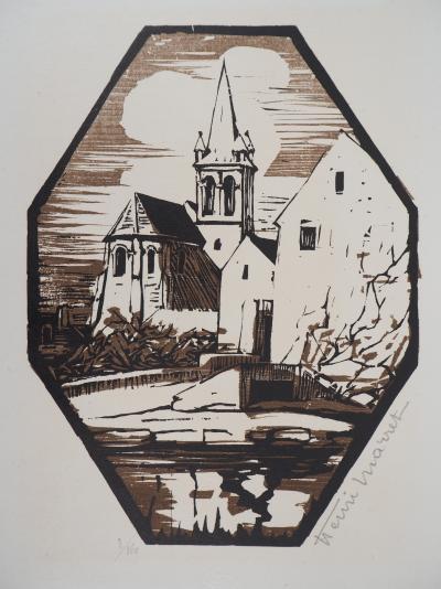 Henri MARRET : Eglise de Mareil - 1929 - Bois gravé original signé 2