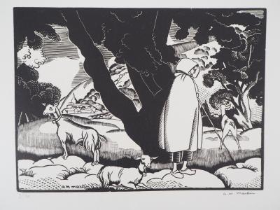 AM MARTIN : La ferme aux Trois Normandes - 1929 - Bois gravé original signé 2