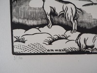 AM MARTIN : La ferme aux Trois Normandes - 1929 - Bois gravé original signé 2