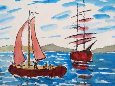 Elisée MACLET : Les bateaux à voiles - Aquarelle originale signée 2