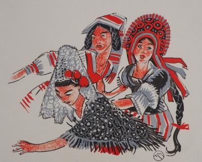 Mathurin MEHEUT : Trois Bretonnes, 1932 - Bois gravé signé 2