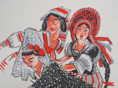 Mathurin MEHEUT : Trois Bretonnes, 1932 - Bois gravé signé 2