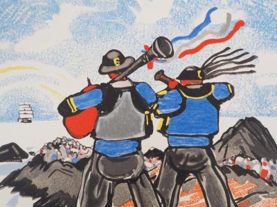 Mathurin MEHEUT : Joueurs de Biniou, le départ, 1932 - Bois gravé signé 2
