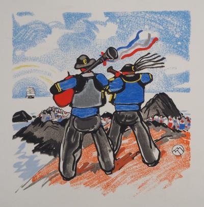 Mathurin MEHEUT : Joueurs de Biniou, le départ, 1932 - Bois gravé signé 2