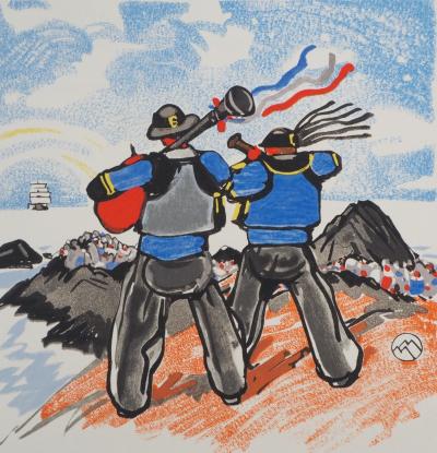 Mathurin MEHEUT : Joueurs de Biniou, le départ, 1932 - Bois gravé signé 2