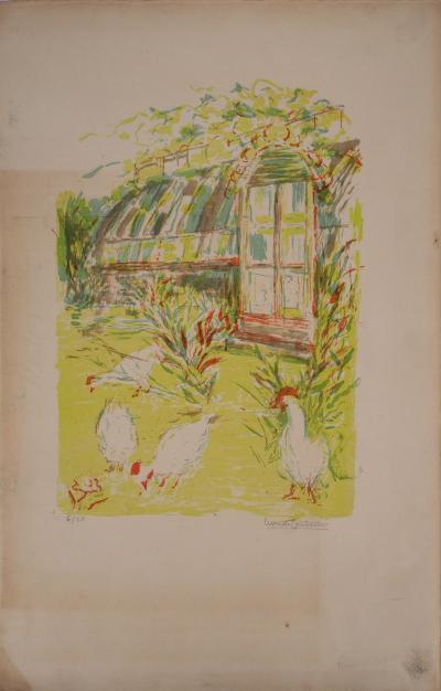 Marie-Madeleine de COUBERTIN - La basse cour, poules et coqs - Lithographie originale signée 2