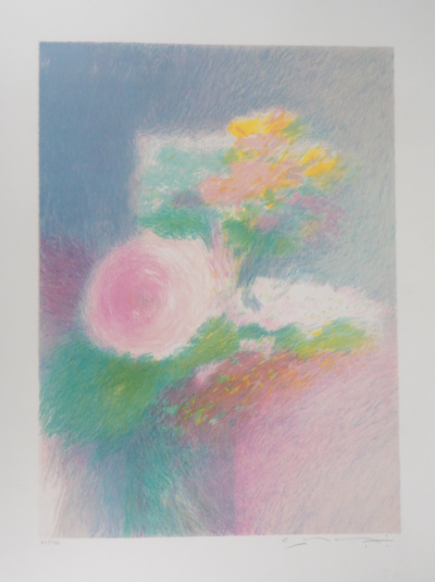 Claude MANOUKIAN : Roses trémières -  Lithographie originale signée 2