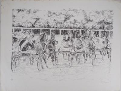 Serge MENDJISKY : Course des chevaux attelés - Lithographie originale signée 2