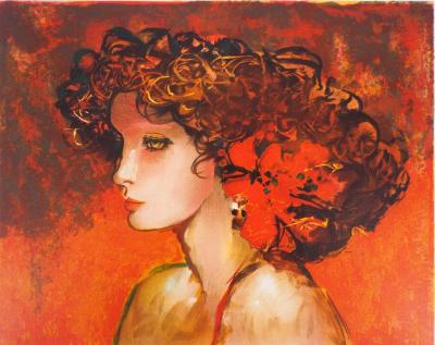 Sachiko IMAI :  Femme à la fleur d’Hibiscus - Lithographie Originale Signée 2