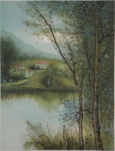 Gilles FIGUIER - Maisons au bord du lac - Lithographie Originale Signée 2