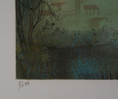 Gilles FIGUIER - Hameau dans la brume - Lithographie Originale Signée 2