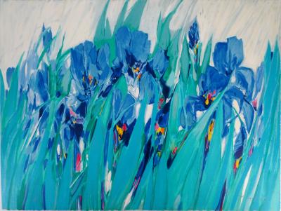 Claude HEMERET : Jardin, les iris bleus - Lithographie Originale Signée 2