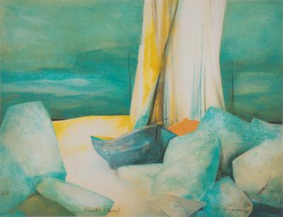 Claude GAVEAU : Voilier échoué - Lithographie originale signée 2
