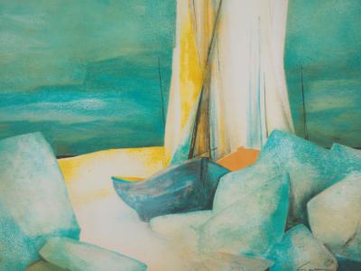 Claude GAVEAU : Voilier échoué - Lithographie originale signée 2