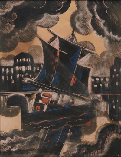 Hugo SCHEIBER - Bateau dans la nuit - Pastel et gouache sur papier signé 2