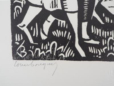 Louis BOUQUET : La promenade animée - Bois gravé original signé, 1921 2