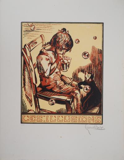 Gabriel BELOT : Les Illusions (Bulles de savon) - Bois gravé original signé, 1922 2