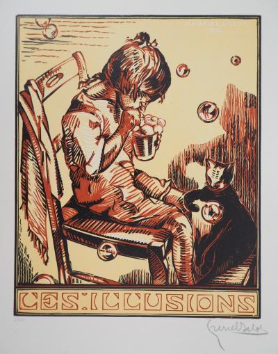 Gabriel BELOT : Les Illusions (Bulles de savon) - Bois gravé original signé, 1922 2