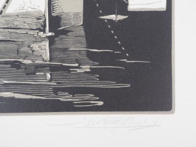 Edouard PELLENS : Voilier au repos, 1922 - Bois gravé original signé 2