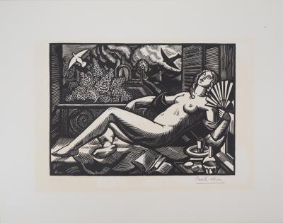 Paul VERA : L’été : Nu à l’Eventail, 1922 - Bois gravé original signé 2