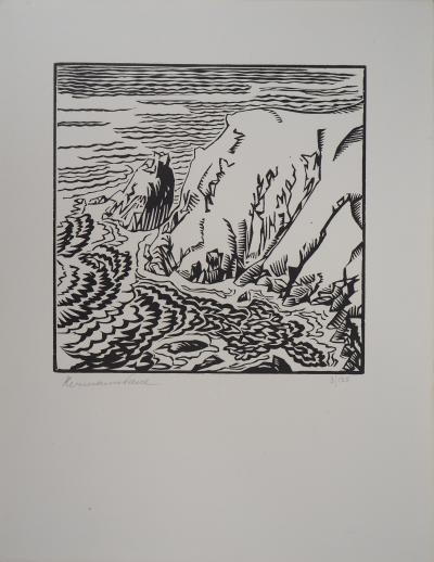 HERMANN-PAUL : Falaises à Guernesey - Bois gravé original signé, 1921 2