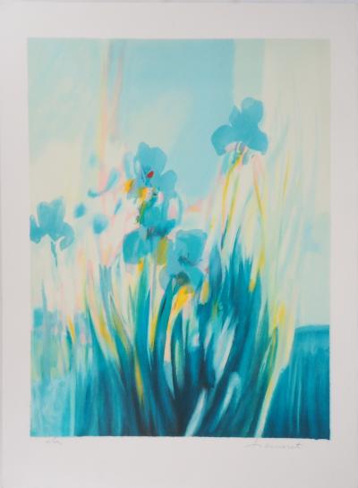 Claude HEMERET : Jardin, les iris bleus - Lithographie Originale Signée 2