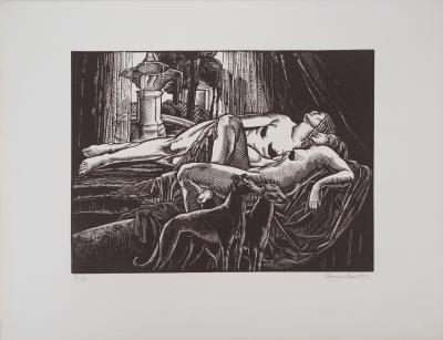 Clement SERVEAU : Le repos, 1929 - Bois gravé original signé 2