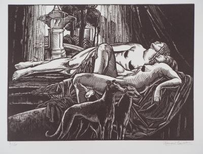 Clement SERVEAU : Le repos, 1929 - Bois gravé original signé 2
