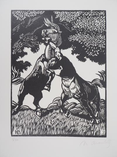 Honore BROUTELLE : Le Centaure et la Licorne - Bois gravé original signé, 1929 2