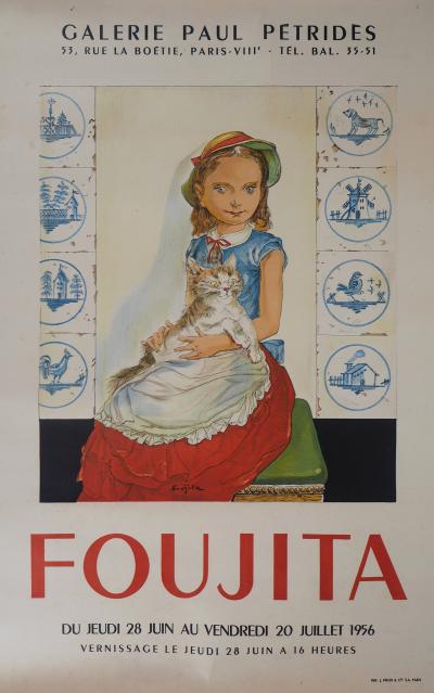 Léonard Tsuguharu FOUJITA - Jeune-fille avec un chat, 1956 - Affiche lithographique originale signée 2