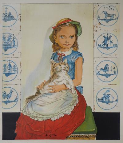 Léonard Tsuguharu FOUJITA - Jeune-fille avec un chat, 1956 - Affiche lithographique originale signée 2