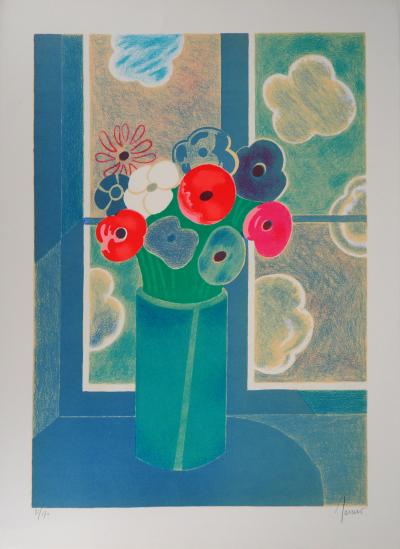 Albert ZAVARO : Bouquet a la fenêtre - Lithographie Originale Signée 2
