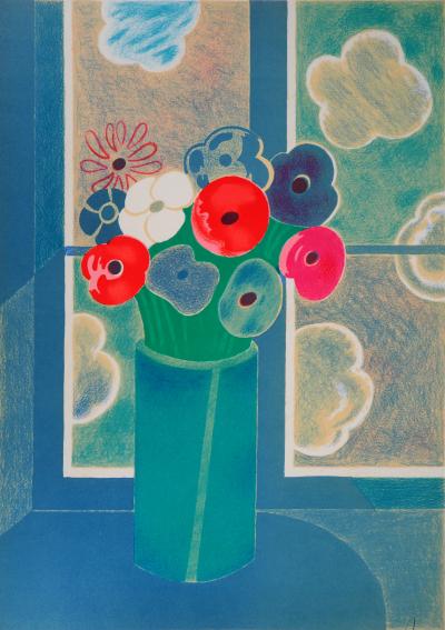 Albert ZAVARO : Bouquet a la fenêtre - Lithographie Originale Signée 2