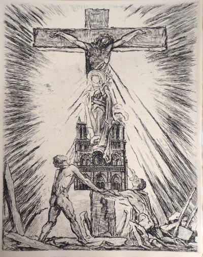 Georges DESVALLIERES : Le Crucifix de Notre Dame de Paris - 1937 - Gravure Originale Signée 2