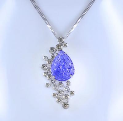 White Gold Large 16.75 ct. Floral Carved Tanzanite & Diamond Pendant Necklace 2