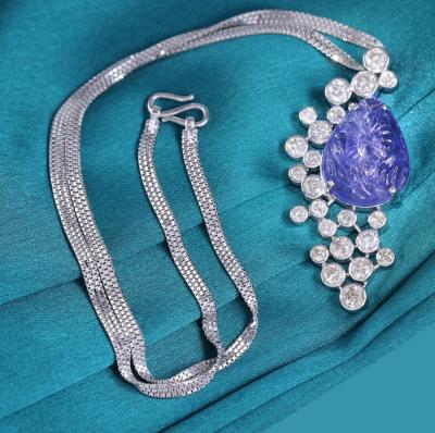 White Gold Large 16.75 ct. Floral Carved Tanzanite & Diamond Pendant Necklace 2