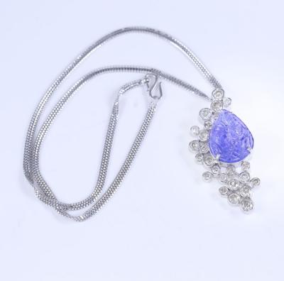 White Gold Large 16.75 ct. Floral Carved Tanzanite & Diamond Pendant Necklace 2