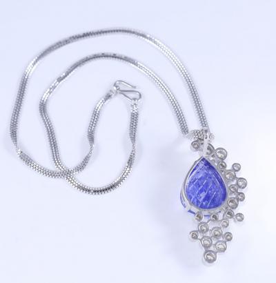 White Gold Large 16.75 ct. Floral Carved Tanzanite & Diamond Pendant Necklace 2