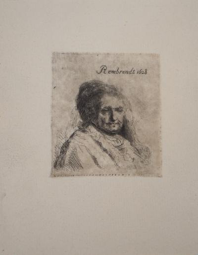REMBRANDT (d’après) : Petit buste de la mère de Rembrandt - Gravure Signée 2