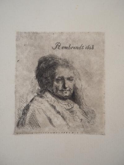 REMBRANDT (d’après) : Petit buste de la mère de Rembrandt - Gravure Signée 2